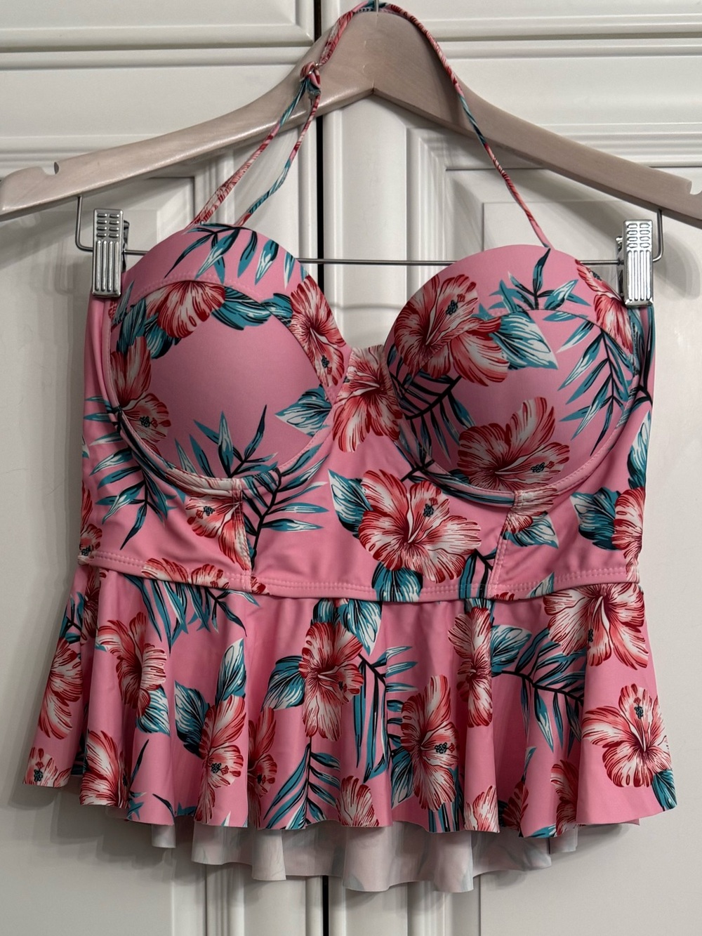 Women’s XL Pink Floral 2pc Tankini Swimsuit Peplum Halter Top High Waist Bottom